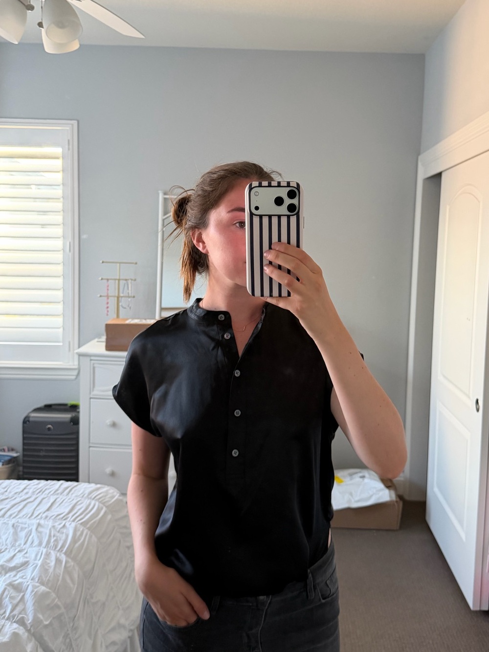 Banana Republic 100% Silk Black Satin Henley Cap-Sleeve Top - Women's